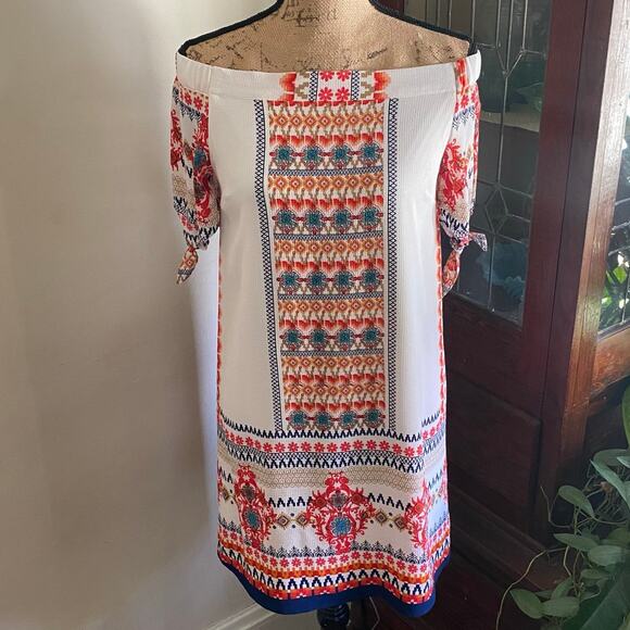 Monteau Multicolor Off Shoulder Mini Shift Dress Size M Damask Print Bohemian - Picture 1 of 17